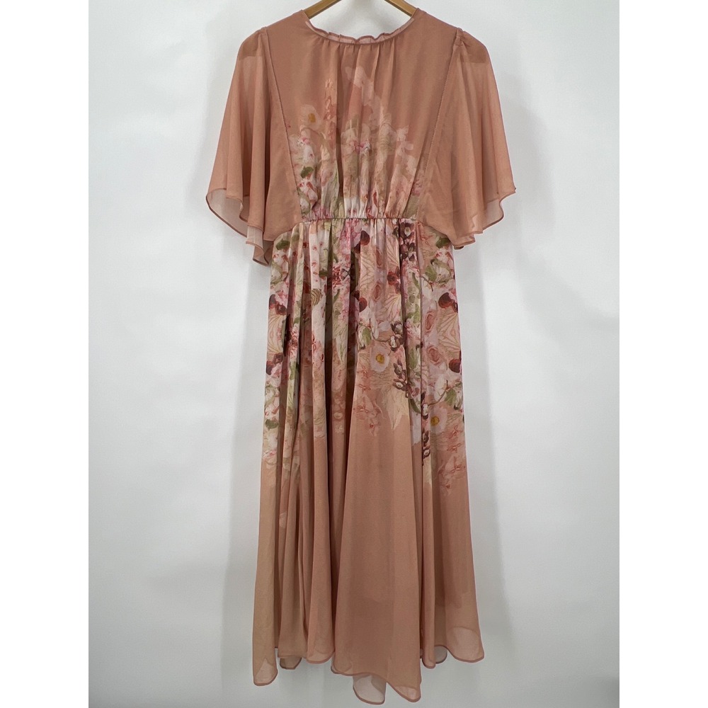 Floral Chiffon Flutter Sleeve Maxi Dress‎ L Dusty Rose Lining Romantic Formal
